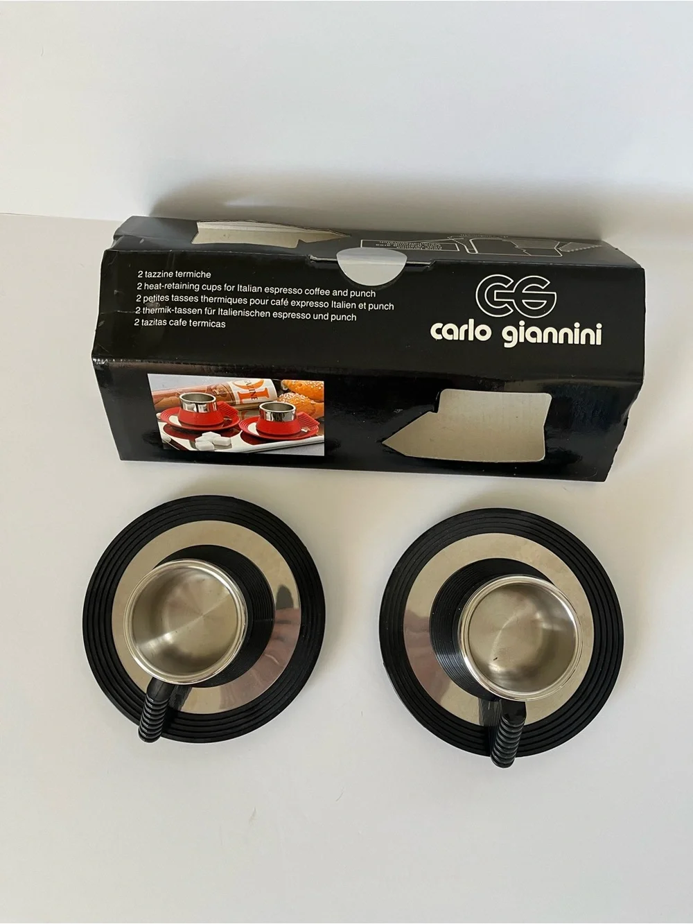Star Trek Carlo Giannini NWT Vintage Black and Metal Espresso Cup and Saucer Set